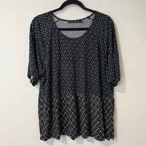 Gundren Sjoden Women's Tunic Top Peplum Blue Black XL Stretch Jersey Square Dot